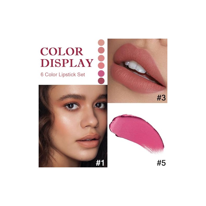 evpct- Juego de 6 pintalabios mate color piel, marrón, rosa,