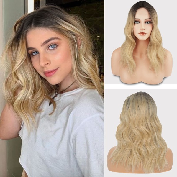 FESHFEN Lace Front Wavy Wig Women, 40 cm Black Brown to Light Blonde Wig Length of Shoulders Middle Parting Wigs Synthetic Short Bob Waves Wig Women's Daily Wear