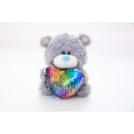 Plushland Qbeba Teddy Bear Stuffed Animal 6 Inches Cute Love, Valentine's Day, or Christmas Surprise for Boys and Girls | Plush, Squeezable Size (Gray Teddy Bear w/Rainbow Sequin Heart)