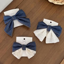 Blue Denim Hair Bow Clips Girls Denim Bowknot Pin Girls Blue Jeans Hair Bow Clips BW27 (Set-D)