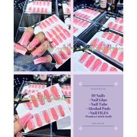 HAND-PAINTED Pink False Nails Set Square Press on Nails Pressons Nails Kit Medium Length Stick on Nails Shoot Nail Art Short Nails with 7g Nail Glue on Nails Coffin Handmade (X-Small, Style 30)