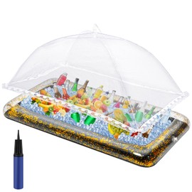 Leitee 3 Pcs Inflatable Serving Bar Kit includes Inflatable Ice Serving Bar with Cover and Inflator for Ice Supplies Party Camping Summer Picnic, Clear (Pink)