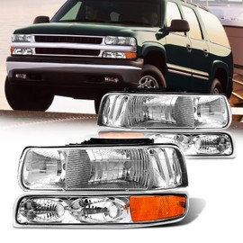 AS Headlight Assembly Compatible with 1999 2000 2001 2002 Chevy Silverado 1500 2500/2000-2006 Suburban 1500HD 2500HD Tahoe Headlamp withChrome Housing Amber Reflector Clear Lens