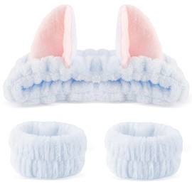 Cat Ears Headband, 3PCS Cute Spa Headbands and Wristband Set, Animal Ears Headbands for Washing Face Soft Elastic Skincare Headband Makeup Facial Hairband for Women Girls, Blue