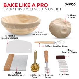 Swice Bread Proofing Basket, Round 9-Inch Banneton Sourdough Starter Kit with Lame, Dough Scraper, Linen Liner, and Basting Brush, Complete Bread Making Supplies and Tools