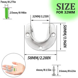 CEEYSEE 2 Pieces Round Tube Bracket 32 mm U-Shape Clothes Rail Holder 304 Stainless Steel Cabinet Rail Bracket with 6 Pieces Screws Rods Flange Set for Wardrobe (FLZ-U/32 mm)
