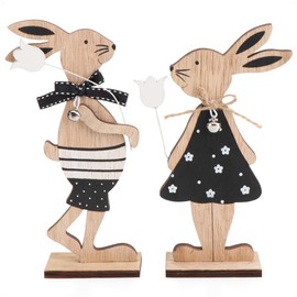 com-four® 2x Decorative Figures for Easter - Pair of Easter Bunnies with Flowers - Two Easter Bunnies to Stand - Easter Decoration Made of Wood (Set19 - rabbits with flower)