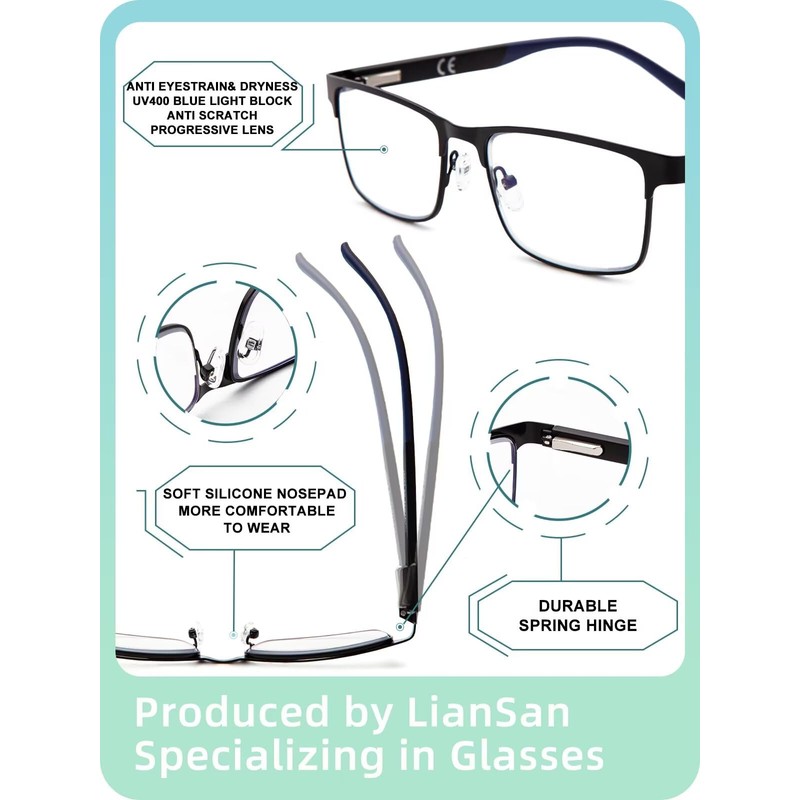 LianSan 2Pack Progressive Multifocus Reading Glasses - for Men Women,No-Line