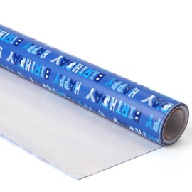wishinside Birthday Wrapping Paper Roll-17 Inches X 32.8 Feet, Mini Roll, Blue Happy Birthday Design Wrap Paper for Men's Birthday Party, Kids' Parties, Baby Shower, or Baby Boy, 1 Roll