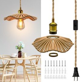 Retro Plug in Ceiling Light Fixture,Brass E27 Bulb Holder Suspended Hanging Light Fitting, 5.1 m Hanging Pendant Lamp with Hemp Rope Woven Shade,DIY Pendant Lamp Kit with Plug in Cord, for Kitchen
