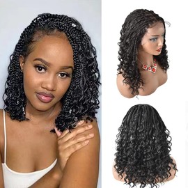 RESHE 18’’ Box Braided Lace Front Wigs For Black Women Short Knotless Cornrow Braids Wigs Braiding Wigs Baby Hair Synthetic Light Weight Braiding Wig For Black Women (#1B-#Black)