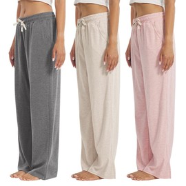 OAKVON 3-Pack Womens Lounge Pants with Pockets, Wide Leg Sweatpants, Soft Comfy Pajama Bottoms with Drawstring Waist