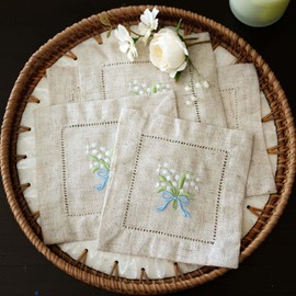 Lauusiusi Embroidered Natural Linen Cocktail Napkins 6 Pieces Lily of the Valley Handcrafted Ladder Hemstitch Square Small Cloth Napkins Set of 6 for Party Beverage Wedding Bar Coffee Dessert (6"x6")