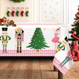Arquiel Christmas Tablecloth, Nutcracker, Pink Christmas Tree Tablecloth, Washable, Rectangular, Easy Care Tablecloth for Kitchen, Parties, Decoration, Wedding, Festival (152 x 213 cm)