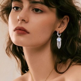 AVECON Moonstone Feather Earrings for Women 925 Sterling Silver Drop & Dangle Earrings Vintage Boho Feather Earrings with Gemstone Jewelry Birthday Gifts for Her/Girlfriend/Wife/Sister/Mom