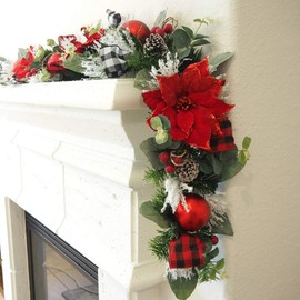 5 ft Christmas Garland for Mantle Unlit Garland for Stairs Railing, Banister, Staircase, Fireplace, for Table No Light, Garland Decor Frosted Red Poinsettia Holiday Tree (Glittery Red Poinsettia)