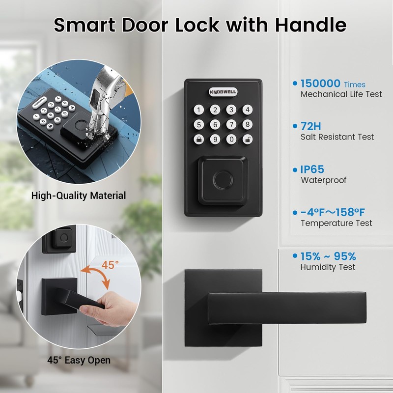 KNOBWELL Smart Fingerprint Door Lock with Lever Handle, Keyless Entry,