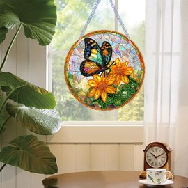 Butterfly Flowers Hanging Diamond Art Kits for Adults, Special Shaped Diamond Painting DIY Acrylic Diamond Painting Window Pendants for Home Garden Wall 5D Gem Art Ornament Kit Double Sided (7x7 inch)