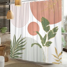 Sillsloso Mid Century Boho Shower Curtain 72x72 inch, Abstract Modern Sun Minimalist Aesthetic Shower Curtain, Bohemian Geometric Arch Curve Leaves Neutral Art Fabric Bathroom Decor Pink
