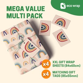 4 x Rainbow Wrapping Paper - HUGE 84cm x 60cm Premium Eco Gift Wrap for Birthday, New Baby, Christening, Kids, Boys, Girls, Teachers, Men and Women (4 Sheets & 4 Tags)