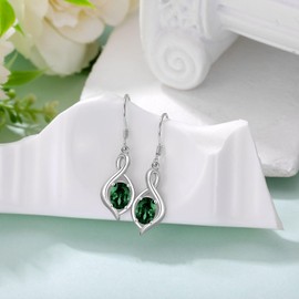 Dangle Drop Earrings 925 Sterling Silver Dainty Infinity Earrings with Simulated Emerald Green Oval Gemstone Birthstone Christmas Birthday Gifts for Her Women
