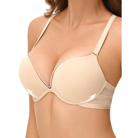 Amafuur Push Up Padded Bras for Women Add 2 Cups Plunge Low Cut Bombshell T Shirt Bra Underwire Support Nude 36A