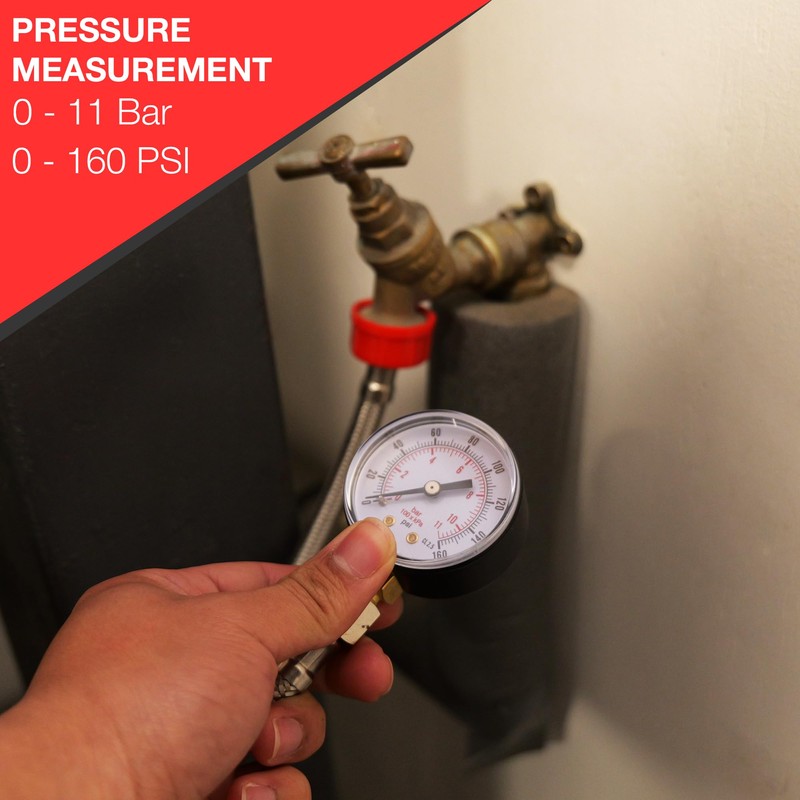 Mains Water Pressure Test Gauge, 0-11 Bar/160psi, Dual Scale, Brass