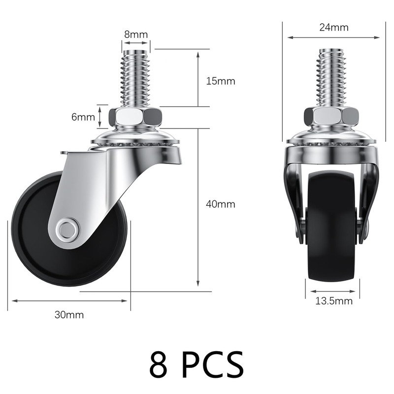 8 PCS Swivel Stem Casters,M8 Black 30mm(1.25 inch) Castor Wheels
