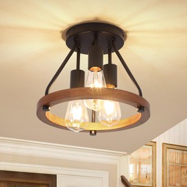 3-Light Semi Ceiling Light Fixture, Farmhouse Semi Flush Mount Ceiling Light with Wood Circle Shade, Industrial Black Close to Ceiling Lighting for Hallway Entryway Foyer Kitchen, E26 Base