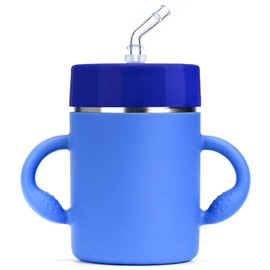 BUSOHA Kids Insulation Stainless Steel Tumbler - Kids Water Bottle with Handle Spill Proof Flexible Straw Sippy Cup Stainless Steel Training Cup for Picnic Travel,12oz,Blue