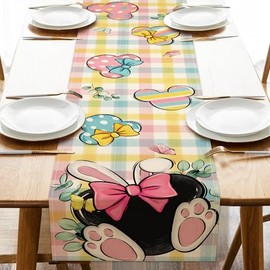 Croar - Camino de mesa de Pascua, diseño de orejas de conejo, diseño a cuadros coloridos a cuadros de granja, cocina, mesa de comedor, hojas de eucalipto de primavera, arpillera para interiores y