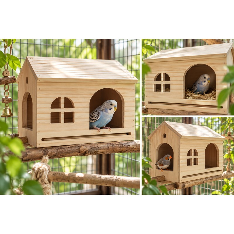 Wooden Bird House for Small Birds – Removable Bottom Net,