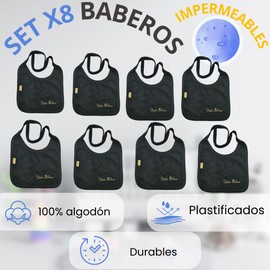 Neek Cotton | Set Baberos Impermeables x8 Piezas - 100% Algodón | Ropa de Bebe Niña - Ropa Bebe Niño | Resistentes Al Agua -Plastificado | Lavables a Maquina- Accesorios para Bebe (Negro)
