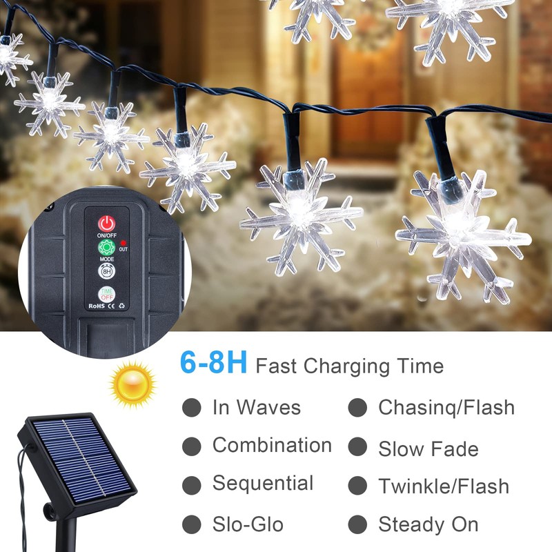 Fohil Solar String Lights Snowflake100LED 12M 8 Modes Waterproof Outdoor