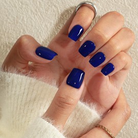 KQueenest Dark Blue Press On Nails Short Square - Acrylic Press On Nails With Glue, Navy Blue Short Fake Nails Press ons, Glossy Opaque, Reusable Soft Gel Glue on Nails for Women Gift, 24 Pcs