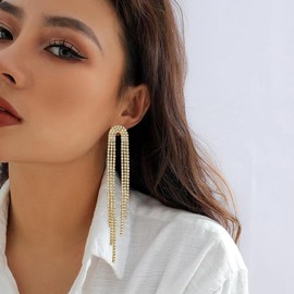 SELOVO Wedding Party Clear Rhinestone Tassel Earings Crystal Chain Dangle Dangling Bling Fringed Earrings Gold color
