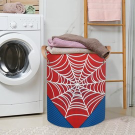 Large Laundry Hamper Basket Red Spider Web Round Collapsible Storage Organizer Bin for Kids Room, Boys, Nursery, Closet, Bedroom, Playroom, Toys, Dirty Clothes, 16"W x 20"H