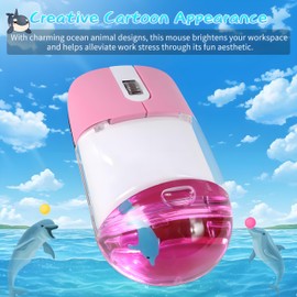 Wireless Mouse -Cute Clear Aqua Design, Water Mouse with Optical Precision, Silent Clicks, Lightweight & Floating Animal Transparent Retro Style for Home Office, Great for Kids & Adult(Dolphin-Pink)