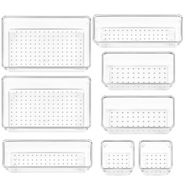 JLNGTHONG 8 Pack Clear Drawer Organizer, 4 Sizes Organization and Storage Trays, Drawer Organizer Bins for Kitchen, Vanity, Bathroom, Office