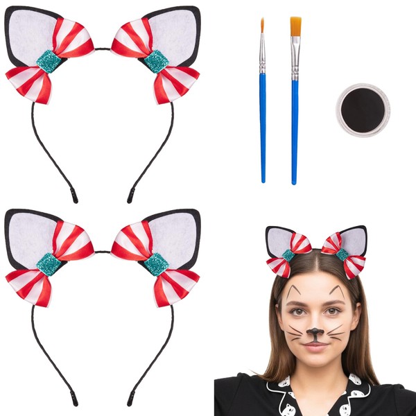 2 Cat Ears Headbands with Removable Red and White Stripe
