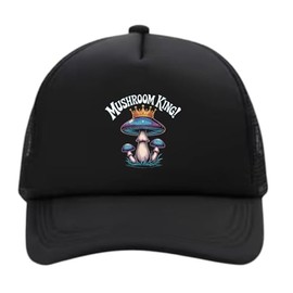 Mushroom King, Black Mesh Trucker Hat, Adjustable 22-24.4 inch, Breathable Crown Design