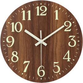 NESIFEE Glow in Dark Wall Clock, 12 Inch Wall Clock Battery Operated, Silent Non-Ticking Night Light Clock Wall Decoration for Living Room Kitchen Office Bedroom, Brown