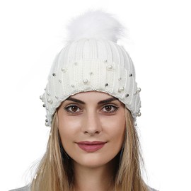 Topwon Women Winter Beanie Hat with Pom Knit Skull Cable Cap Fashion Pearls Beanies Cap Warm Hats (White)