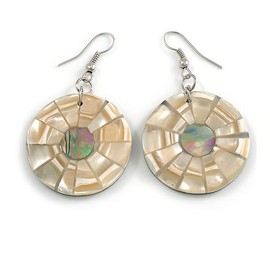50mm L/Beige/Natural/Abalone Round Shape Sea Shell Earrings/Handmade/Slight Variation In Colour/Natural Irregularities