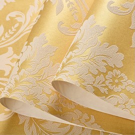 Q QIHANG 1.73' W x 32.8'L 3D Embossed Damask Wall Paper European Style Modern Minimalist Bedroom TV Background Wall Cafe Hotel Restaurant Non-Woven Non-Pasted Wallpaper (Gold)