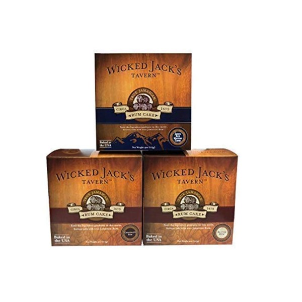 Rum Cake by Wicked Jack's Tavern Original Authentic Rum Cake Assortment - Jamaican Blue Mountain Coffee Rum Cake, Butter Rum Cake and Chocolate Rum Cake, 4-oz Boxes (Bundle of 3)