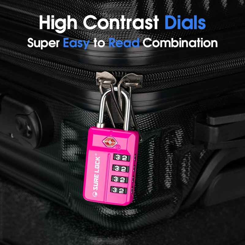 SURE LOCK TSA Approved 4-Digit Resettable Combination Luggage Locks with