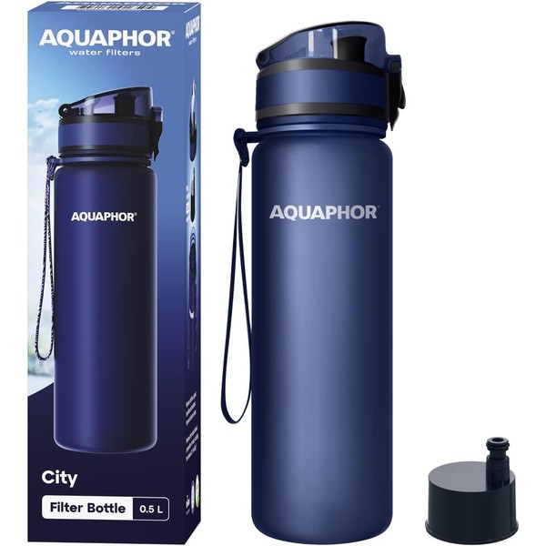 AQUAPHOR City Filter Bottle 500 ml Navy I Bottle with Water Filter for On the Go I Filter with Activated Carbon I Filters Chlorine I Made of Tritan & BPA Free I For Better Taste & Odour of Water
