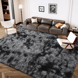 FlyDOIT 8x10 Feet Large Area Rugs for Living Room, Tie-Dyed Black and Grey Shaggy Rug Fluffy Throw Carpets, Ultra Soft Plush Modern Indoor Fuzzy Rug for Bedroom Girls Kids Nursery Room Dorm Home Decor