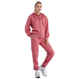 LeeHanTon Jogging Suits for Women Warm Up Sherpa Lined Fleece Outfit 2 Pieces Zipper Hoodie and Pants Athletic Workout Track Suit Mauve M